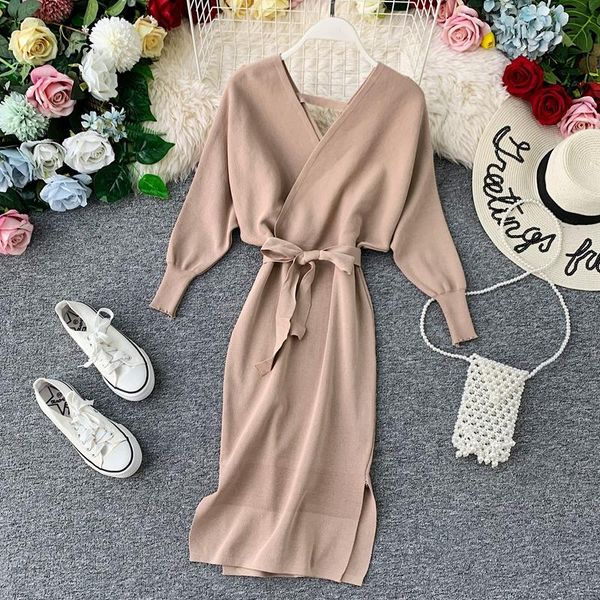 casual dresses elegant v-neck backless mid-calf dress 2021 autumn batwing sleeve sashes knitted spring bottom pencil vestidos de fiesta, Black;gray
casual dresses elegant v-neck backless mid-calf dress 2021 autumn batwing sleeve sashes knitted spring bottom pencil vestidos de fiesta, Black;gray