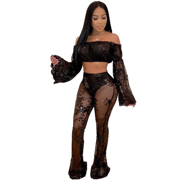 high-end glitter sequin two piece set women perspective mesh slash neck cropped + wide leg pants party nightclub women's, White
high-end glitter sequin two piece set women perspective mesh slash neck cropped + wide leg pants party nightclub women's, White