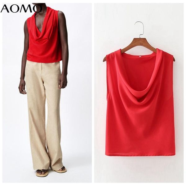 women's blouses & shirts aomo women retro red satin pleated chiffon shirt summer blouse sleeveless chic female 1d368a, White