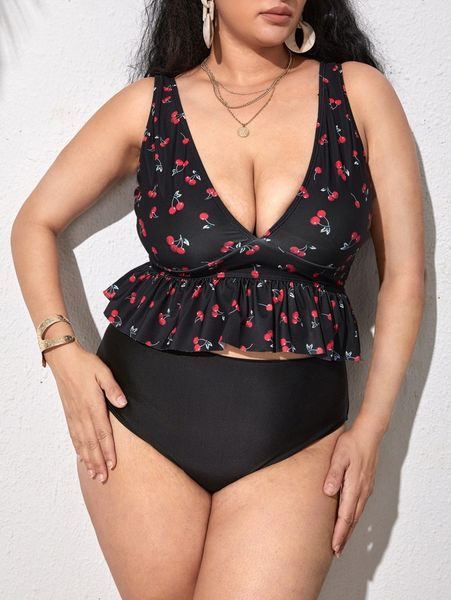 plus cherry print ruffle hem bikini swimsuit s9le#, Black
