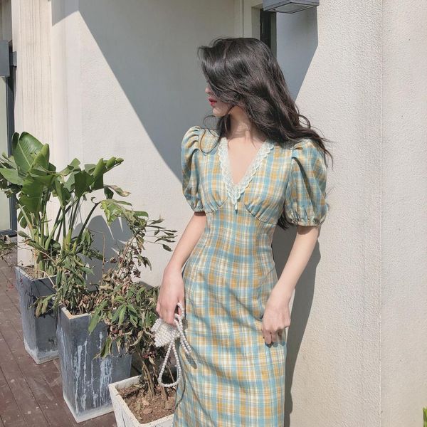 summer women's green plaid dress sundress elegant v-neck lace splicing short sleeve vintage femme robe 210514, Black;gray
summer women's green plaid dress sundress elegant v-neck lace splicing short sleeve vintage femme robe 210514, Black;gray