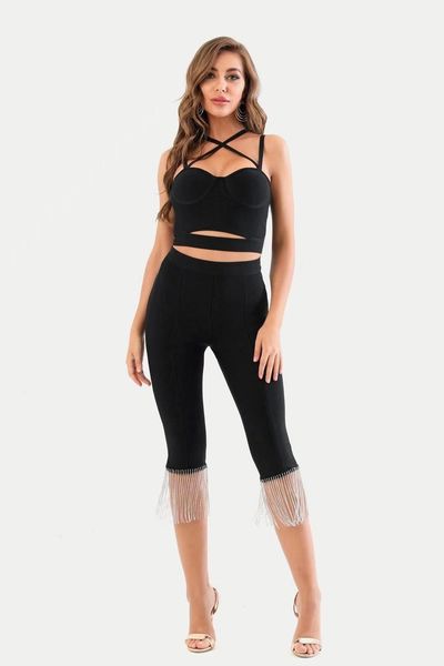 women's two piece pants autumn spaghetti straps tassel black bandage set celebrity designer fashion women wmvz, White
women's two piece pants autumn spaghetti straps tassel black bandage set celebrity designer fashion women wmvz, White