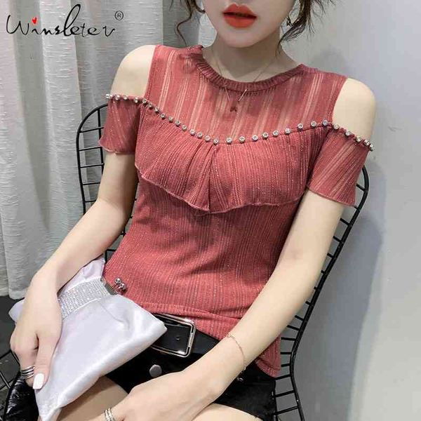 women's t-shirt summer fashion korean clothes t-shirt off shouder shiny beading women ropa mujer short sleeve mesh tees, White
women's t-shirt summer fashion korean clothes t-shirt off shouder shiny beading women ropa mujer short sleeve mesh tees, White