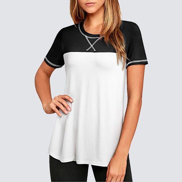 women's t-shirt women summer casual contrast color o neck short sleeves loose daily wear 1ht049, White
women's t-shirt women summer casual contrast color o neck short sleeves loose daily wear 1ht049, White