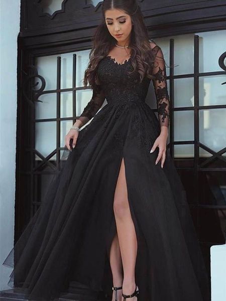 party dresses black tulle side split prom with lace applique long sleeves robe de marrige zipper back a line bride evening, White;black
party dresses black tulle side split prom with lace applique long sleeves robe de marrige zipper back a line bride evening, White;black