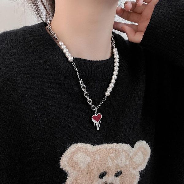 chains red heart necklace ladies hollow necklaces woman artificial pearl pendant chain light luxury trendy european stainless collares, Silver 
chains red heart necklace ladies hollow necklaces woman artificial pearl pendant chain light luxury trendy european stainless collares, Silver