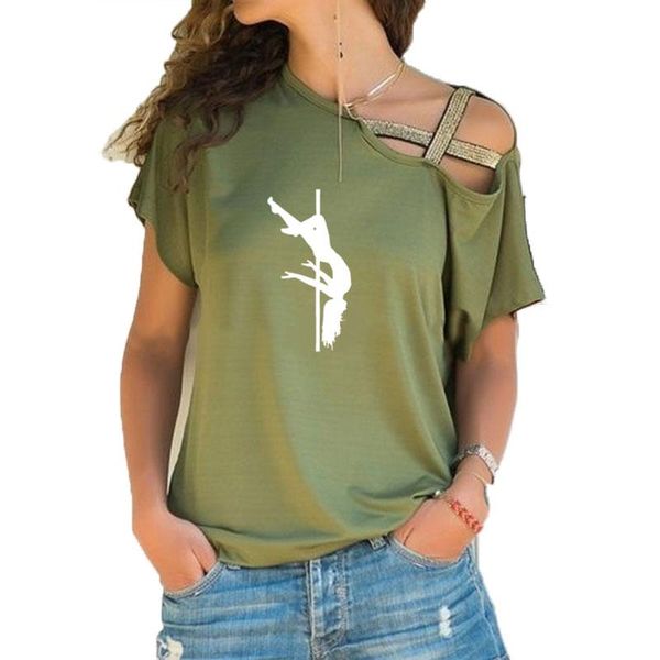 women's t-shirt pole dance girl graphic print loose irregular women skew neck cross bandage for female lover gift, White
women's t-shirt pole dance girl graphic print loose irregular women skew neck cross bandage for female lover gift, White