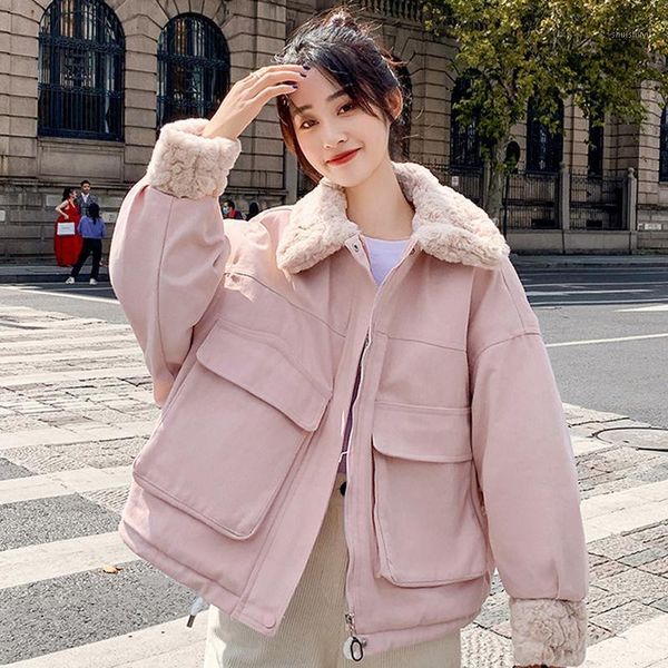 women's down & parkas 2021 winter cotton padded coat women jacket fashion solid thick warm short lamb fur collar with pockets, Black
women's down & parkas 2021 winter cotton padded coat women jacket fashion solid thick warm short lamb fur collar with pockets, Black