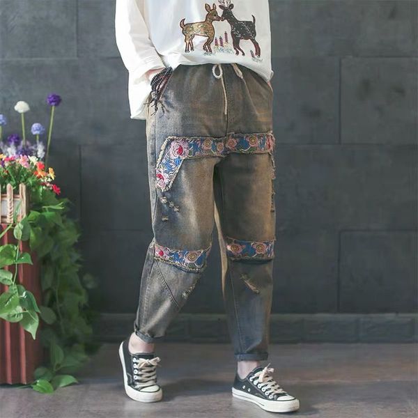 spring autumn arts female breech breeches loose elastic waist vintage embroidered flower torn cotton jeans denim pants d547, Blue
spring autumn arts female breech breeches loose elastic waist vintage embroidered flower torn cotton jeans denim pants d547, Blue