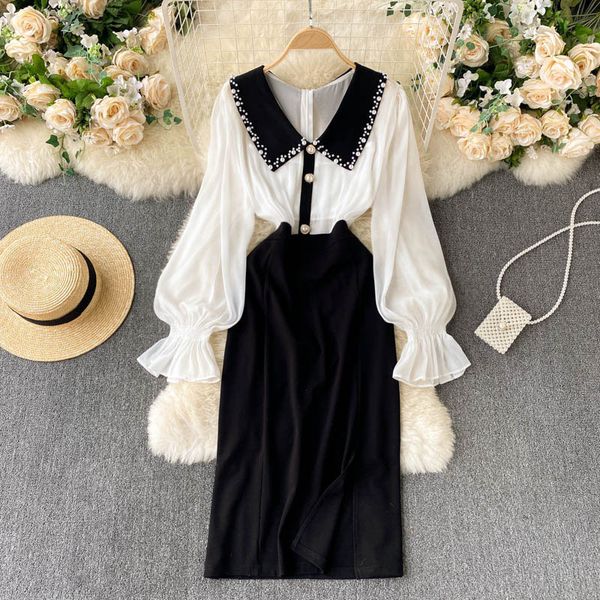 women beading hit color waist dress turn-down collar long sleeve temperament slim fashion spring summer 11b781 210525, Black;gray
women beading hit color waist dress turn-down collar long sleeve temperament slim fashion spring summer 11b781 210525, Black;gray