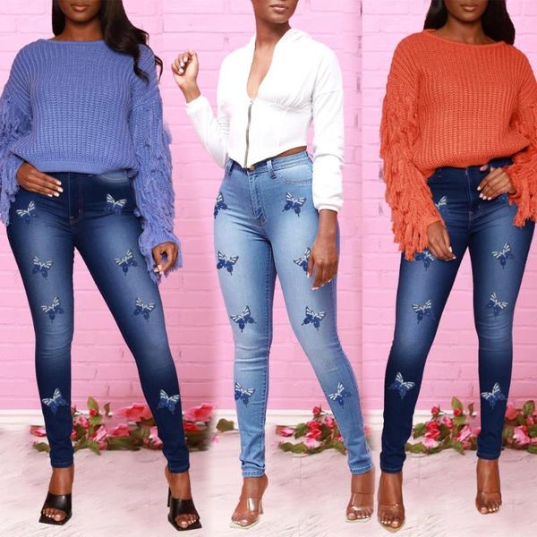 women's embroidered jeans casual high waist pencil pants frayed slim butterfly pattern, Blue
women's embroidered jeans casual high waist pencil pants frayed slim butterfly pattern, Blue