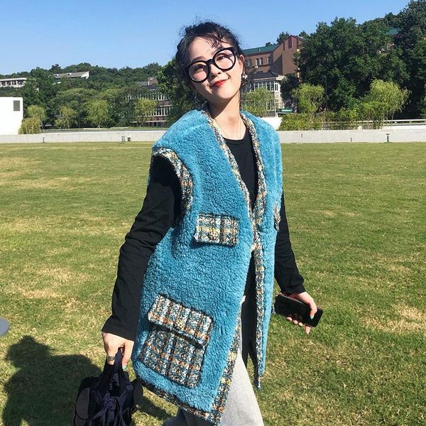 women's fur & faux 2021 fall winter vest women fashion tweed splicing vintage imitation lambswool waistcoat loose ladies jacket, Black
women's fur & faux 2021 fall winter vest women fashion tweed splicing vintage imitation lambswool waistcoat loose ladies jacket, Black