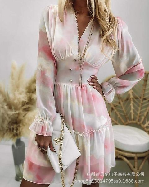 casual dresses v-neck high-waist dress, stylish elegant mid-length ladies tie-dye dress waist, Black;gray 
casual dresses v-neck high-waist dress, stylish elegant mid-length ladies tie-dye dress waist, Black;gray