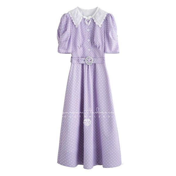 casual dresses vintage purple polka dot puff sleeve midi for women summer runway designers elegant lace patchwork woman dress 3n64, Black;gray 
casual dresses vintage purple polka dot puff sleeve midi for women summer runway designers elegant lace patchwork woman dress 3n64, Black;gray