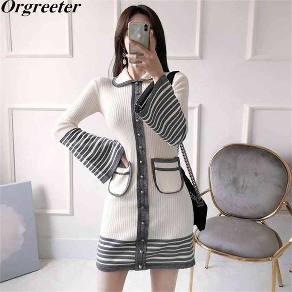 knitted dress women sweet peter pan collar long flare sleeve single-brested striped mini sweater 210602, Black;gray
knitted dress women sweet peter pan collar long flare sleeve single-brested striped mini sweater 210602, Black;gray