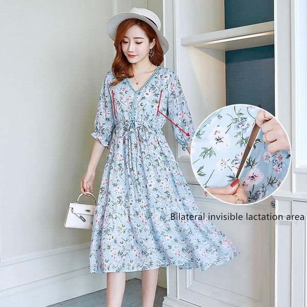 maternity dresses print floral chiffon nursing for pregnant women summer comfortable clothes korean feeding pregnancy dress, White 
maternity dresses print floral chiffon nursing for pregnant women summer comfortable clothes korean feeding pregnancy dress, White