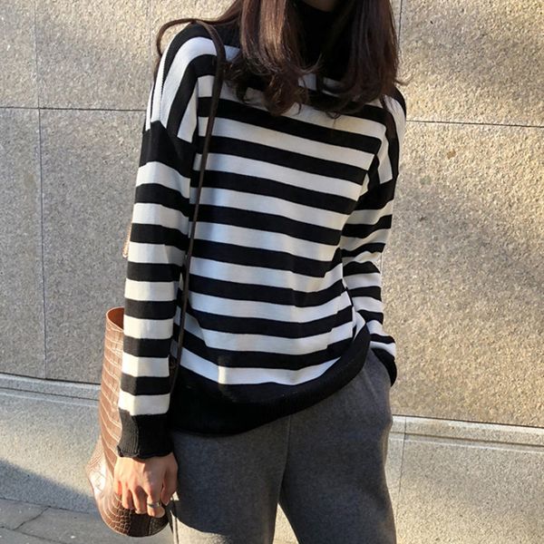 warm stripes soft female thicken sweaters women petal-sleeved knitted pullovers turtleneck sweater 210421, White;black
warm stripes soft female thicken sweaters women petal-sleeved knitted pullovers turtleneck sweater 210421, White;black