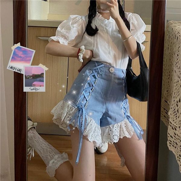 japanese harajuku summer women 2 pcs set white ruffled collar blouse+blue bandage lace ruffles shorts cute kawaii outfits women's track, Gray
japanese harajuku summer women 2 pcs set white ruffled collar blouse+blue bandage lace ruffles shorts cute kawaii outfits women's track, Gray