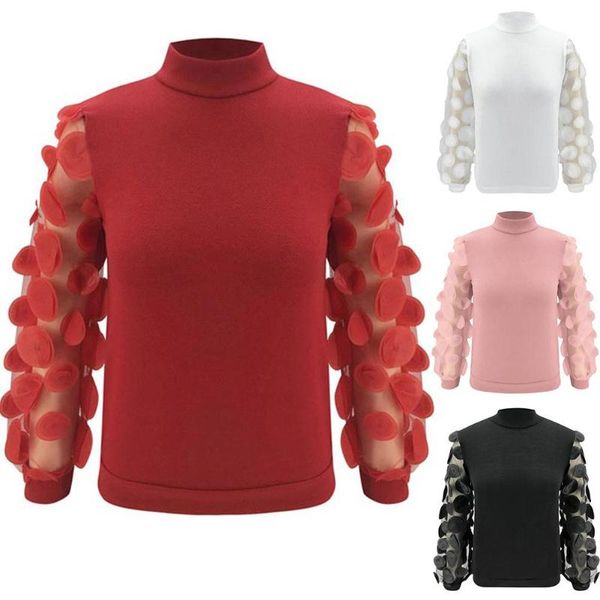 women solid color stitching mesh long puff sleeve mock neck slim blouse female casual ladies women's blouses & shirts, White
women solid color stitching mesh long puff sleeve mock neck slim blouse female casual ladies women's blouses & shirts, White