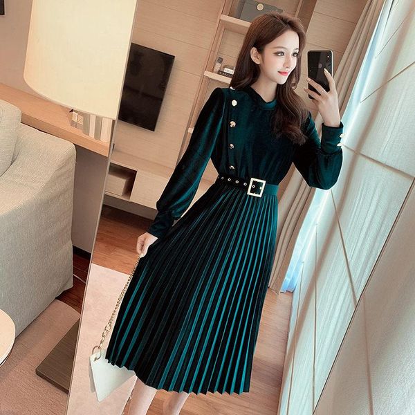 casual dresses autumn french retro long sleeve pleated gold velvet base mid-length women fashion work dress with belt vestidos y877, Black;gray
casual dresses autumn french retro long sleeve pleated gold velvet base mid-length women fashion work dress with belt vestidos y877, Black;gray