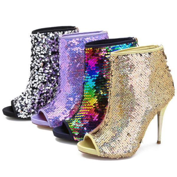

boots timetang 2021 women short ankle sandal bling glitter peep toe platform high heels zip ladies shoes party night club, Black