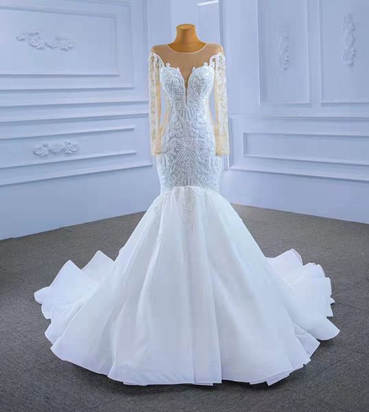 luxury pearls lace bridal gowns long sleeves mermaid wedding dresses girls' special party birthday wear robe de mariée, White
luxury pearls lace bridal gowns long sleeves mermaid wedding dresses girls' special party birthday wear robe de mariée, White