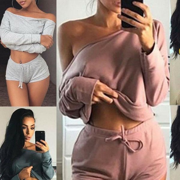 two women tracksuits pieces fashion off shoulder slash neck casual long sleeve t shirt crop high waist lace up, Gray
two women tracksuits pieces fashion off shoulder slash neck casual long sleeve t shirt crop high waist lace up, Gray