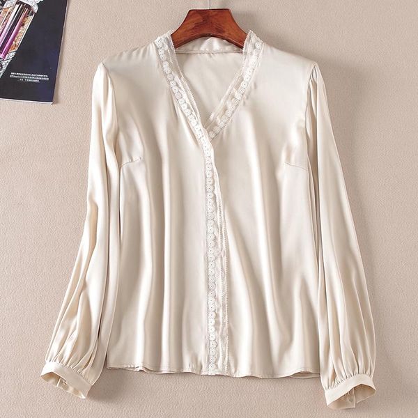 women's blouses & shirts natural real silk women shirt spring autumn elegant v-neck long sleeve lace patchwork female office lady soli, White
women's blouses & shirts natural real silk women shirt spring autumn elegant v-neck long sleeve lace patchwork female office lady soli, White