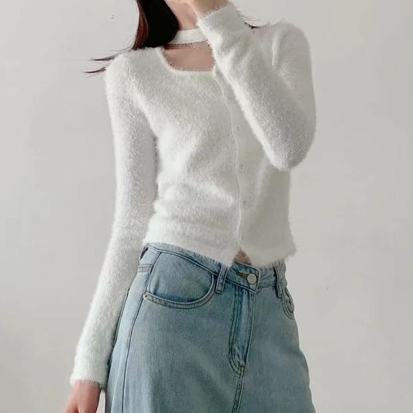 women's knits & tees women cut out front fluffy cardigan fashion knit crop a756, White
women's knits & tees women cut out front fluffy cardigan fashion knit crop a756, White