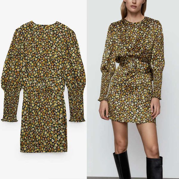 za elegant floral print office dress women long puff sleeve belt mini dresses female fashion back opening vintage vestido 210602, Black;gray
za elegant floral print office dress women long puff sleeve belt mini dresses female fashion back opening vintage vestido 210602, Black;gray