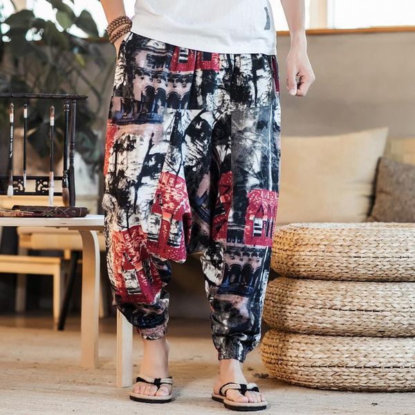 men cotton and linen harem pants print retro drop crotch joggers nine-points loose streetwear baggy spodnie men's, Black
men cotton and linen harem pants print retro drop crotch joggers nine-points loose streetwear baggy spodnie men's, Black