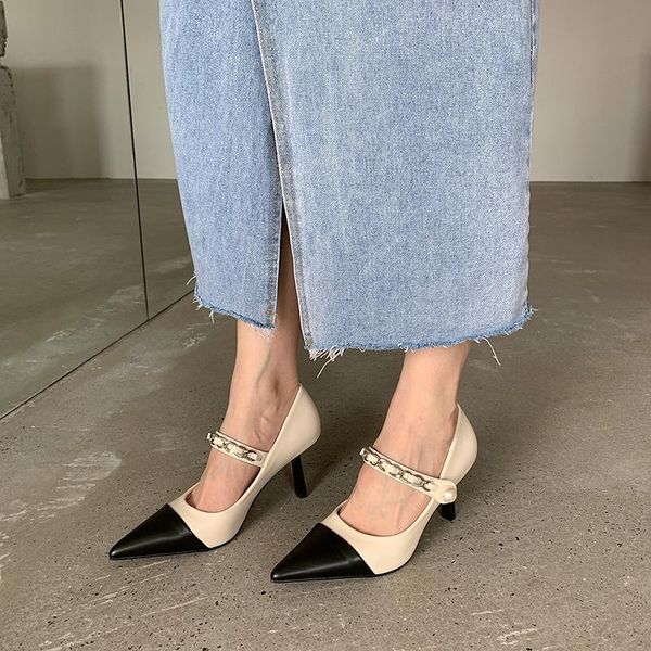 dress shoes women pumps pointed toe shallow slip on thin high heels mixed color metal chain design office party elegant, Black
dress shoes women pumps pointed toe shallow slip on thin high heels mixed color metal chain design office party elegant, Black
