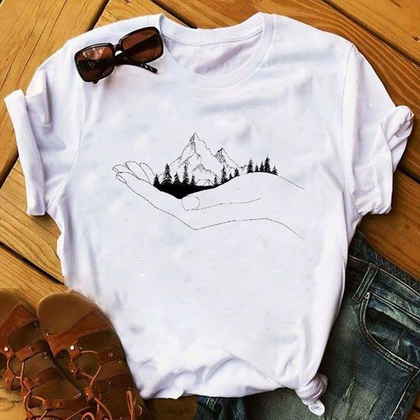 mountain on the hand print womens t shirt short sleeve o neck loose tee female clothes camisetas mujer, White 
mountain on the hand print womens t shirt short sleeve o neck loose tee female clothes camisetas mujer, White