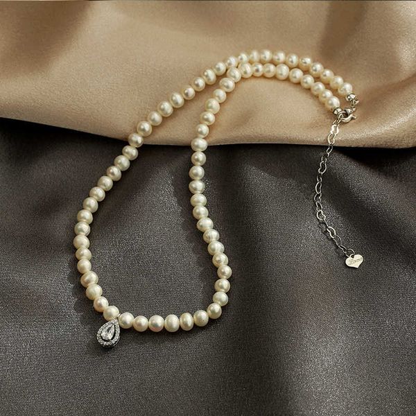 zircon water drop pendant necklace collarbone chain neckchain luxurious natural baroque shaped freshwater pearl necklace, Silver