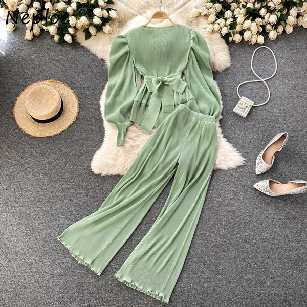women's two piece pants nelpoe fashion bow pleated sets women o neck puff sleeve + elastic waist long wide leg office female suits, White
women's two piece pants nelpoe fashion bow pleated sets women o neck puff sleeve + elastic waist long wide leg office female suits, White