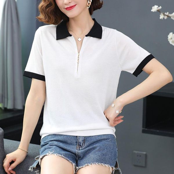 women's t-shirt shirt female short-sleeved summer jacket zipper collar inside take half sleeve ice silk knitted mom, White
women's t-shirt shirt female short-sleeved summer jacket zipper collar inside take half sleeve ice silk knitted mom, White