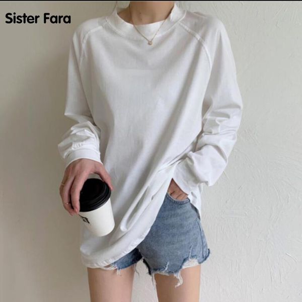 sister fara spring 2021 casual all-match tees solid color fashion women's loose long-sleeved shirt women t-shirt, White