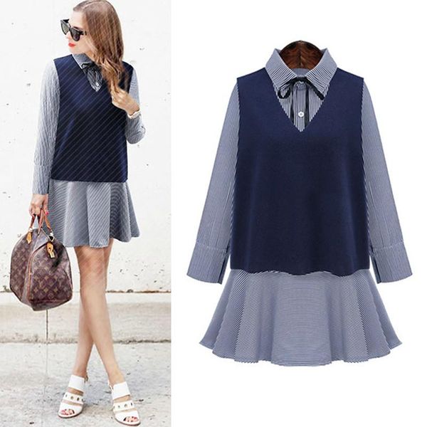 casual dresses spring autumn fashion women vestido plus size slim bow vest and striped ruffles hem dress for larger two-piece, Black;gray
casual dresses spring autumn fashion women vestido plus size slim bow vest and striped ruffles hem dress for larger two-piece, Black;gray