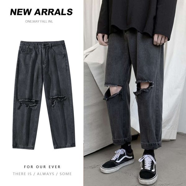 big summer ripped new jeans loose straight leg korean style trend nine point broek men, Blue
big summer ripped new jeans loose straight leg korean style trend nine point broek men, Blue