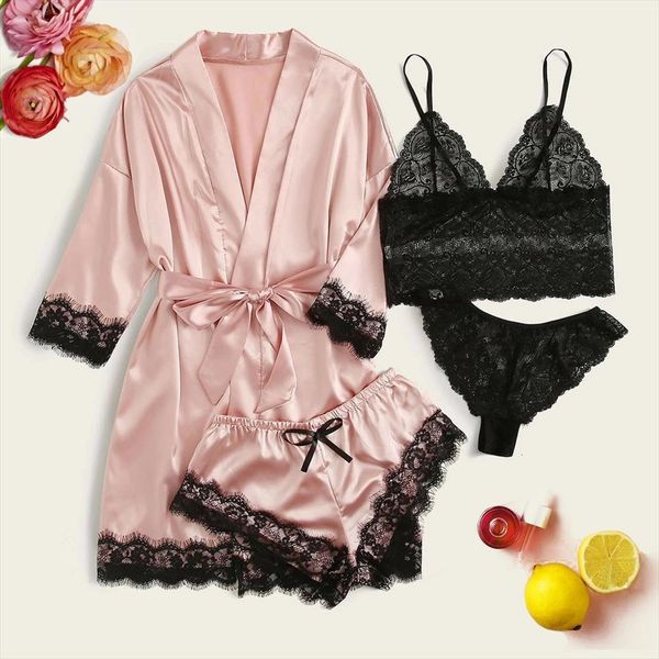 4pc summer bathrobe autumn lace womens sleepwears satin wireless bra camisole shorts pajamas sleepwear bow robe set ladies dressing gowns, Black;red
4pc summer bathrobe autumn lace womens sleepwears satin wireless bra camisole shorts pajamas sleepwear bow robe set ladies dressing gowns, Black;red