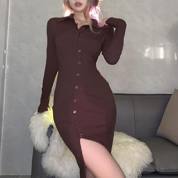 casual dresses ribbed lapel button slit solid color long sleeve mid-length dress 2021 fall women's club party elegant brown skinny sa, Black;gray
casual dresses ribbed lapel button slit solid color long sleeve mid-length dress 2021 fall women's club party elegant brown skinny sa, Black;gray
