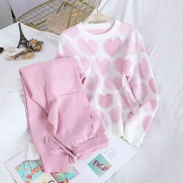 spring fall fashion sweet love print beading pullover + double pocket lace up trousers knit two-piece sets women 210525, White 
spring fall fashion sweet love print beading pullover + double pocket lace up trousers knit two-piece sets women 210525, White