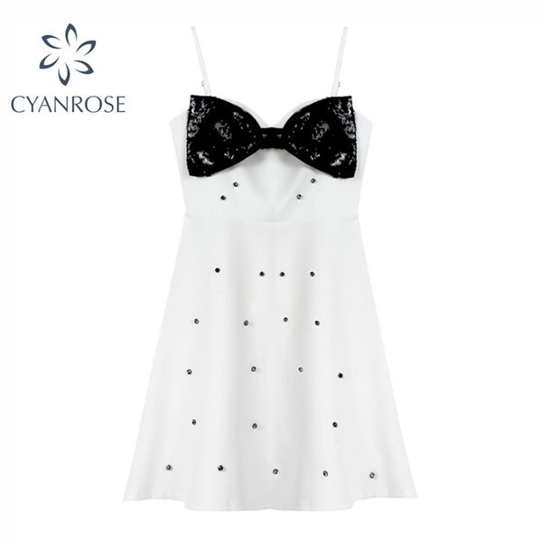 summer big bow neck women dress french vintage beading high waist spaghetti strap streetwear casual mini dresses lady 210515, Black;gray 
summer big bow neck women dress french vintage beading high waist spaghetti strap streetwear casual mini dresses lady 210515, Black;gray