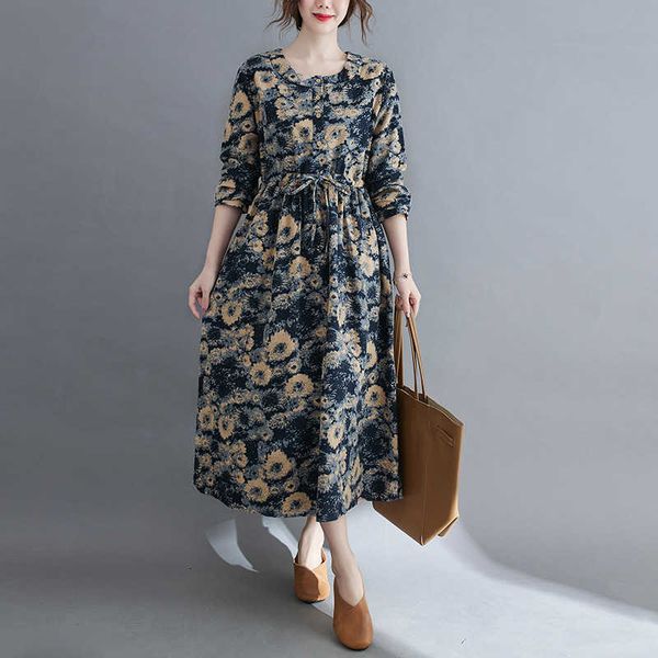 2021 autumn cotton linen print literary large loose slim waist lace up medium long sleeved drs, Black;gray
