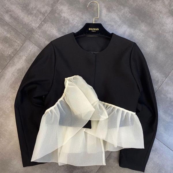 women's jackets fabpop 2021 autumn arrival long sleeve o neck mesh patchwork ruffles black coat women short jacket gc117, Black;brown 
women's jackets fabpop 2021 autumn arrival long sleeve o neck mesh patchwork ruffles black coat women short jacket gc117, Black;brown