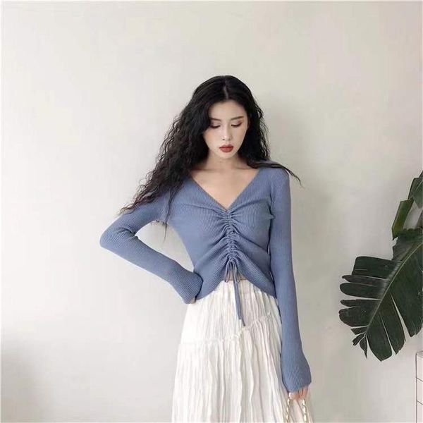 women's sweaters sping v-neck shirt korean long sleeve drawstring knit sweater blouse, White;black
women's sweaters sping v-neck shirt korean long sleeve drawstring knit sweater blouse, White;black