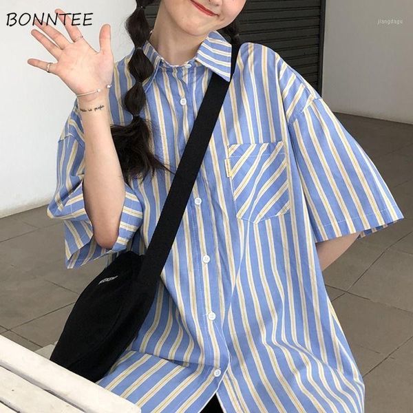 women's blouses & shirts striped blue women single breasted turn-down collar hong kong style fresh casual all match sweet trendy half s, White
women's blouses & shirts striped blue women single breasted turn-down collar hong kong style fresh casual all match sweet trendy half s, White
