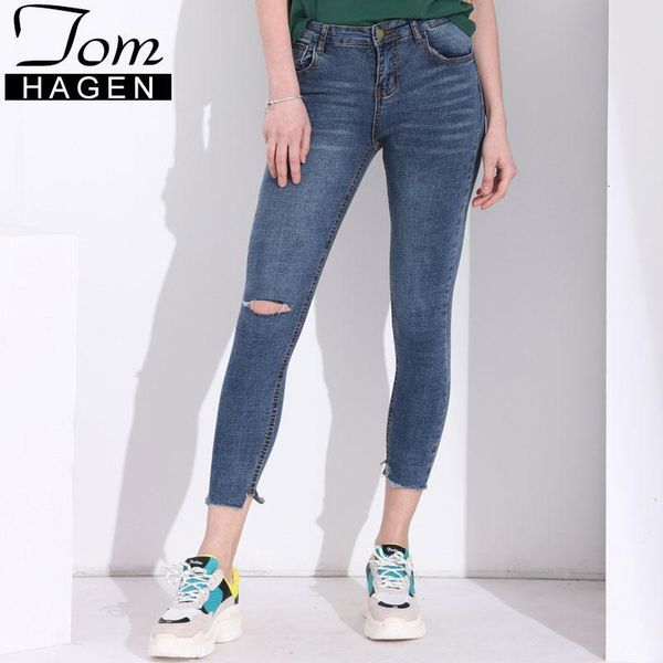 women's tom hagen woman ankle length ripped denim jean donna trousers destroyed women with hole stretch skinny jeans, Blue