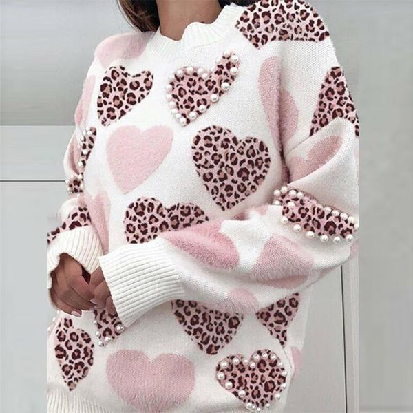 women's sweaters autumn heart leopard print knit sweater elegant pearl beaded women sweet casual winter warm o neck long sleeve pullove, White;black
women's sweaters autumn heart leopard print knit sweater elegant pearl beaded women sweet casual winter warm o neck long sleeve pullove, White;black