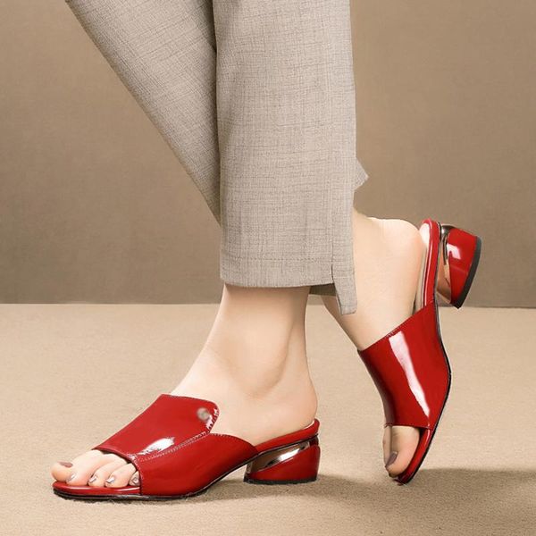 slippers red pu soft patent leather sewing fish mouth open toes hoof heels slides shoes non-slip sandals plus size, Black
slippers red pu soft patent leather sewing fish mouth open toes hoof heels slides shoes non-slip sandals plus size, Black